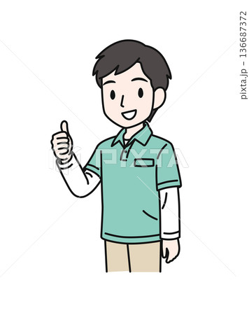グッドポーズをするポロシャツを着た介護職の男性のイラスト素材 136687372