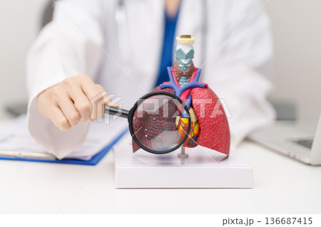 Doctor with Smoker Lung anatomy with magnifying glass. Lung Cancer, Asthma, Chronic Obstructive Pulmonary or COPD, Bronchitis, Emphysema, Cystic Fibrosis, Bronchiectasis, Pneumonia and world Lung day Doctor with Smoker Lung anatomy with magnifying glass. Lung Cancer, Asthma, Chronic Obstructive Pulmonary or COPD, Bronchitis, Emphysema, Cystic Fibrosis, Bronchiectasis, Pneumonia and world Lung day 136687415