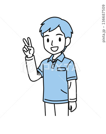 ピースサインをするポロシャツを着た介護職の男性のイラスト素材 ピースサインをするポロシャツを着た介護職の男性のイラスト素材 136687509