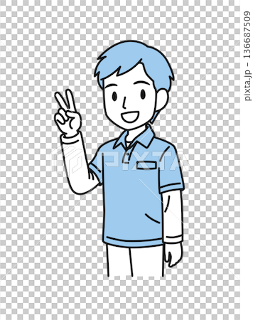 Illustration material of a male caregiver wearing a polo shirt making a peace sign Illustration material of a male caregiver wearing a polo shirt making a peace sign 136687509