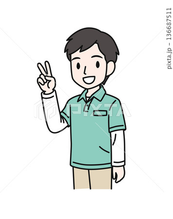 ピースサインをするポロシャツを着た介護職の男性のイラスト素材 ピースサインをするポロシャツを着た介護職の男性のイラスト素材 136687511