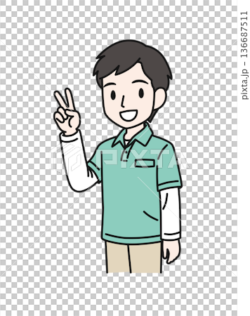 ピースサインをするポロシャツを着た介護職の男性のイラスト素材 ピースサインをするポロシャツを着た介護職の男性のイラスト素材 136687511