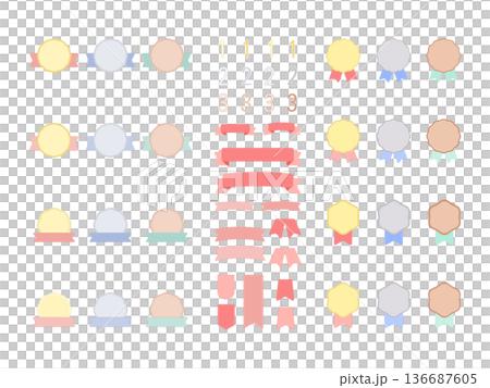 Pastel color ranking medal & ribbon material set (gold, silver, bronze) 136687605