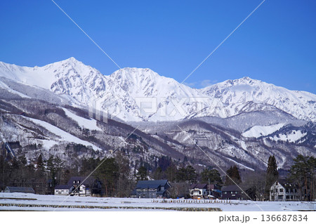 雪景色の白馬村と北アルプス 雪景色の白馬村と北アルプス 136687834