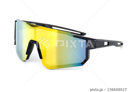 Sport cycling sunglasses with mirrored yellow and blue lenses and black frame Sport cycling sunglasses with mirrored yellow and blue lenses and black frame 136688027