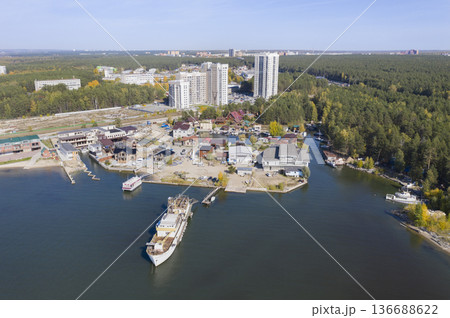 Aerial view of marina on the Ob Sea near Akademgorodok in Novosibirsk, Russia, in summer 2019 136688622