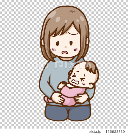 Illustration of a mother exhausted from holding a crying baby (night crying/childcare neurosis) Illustration of a mother exhausted from holding a crying baby (night crying/childcare neurosis) 136688880