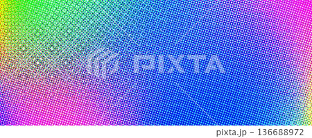 Colorful halftone gradient background. Dotted iridescent rainbow half tone gradation texture. Abstract pixelated multicolored wallpaper. Vivid colour dotty bitmap style backdrop concept. Vector 136688972