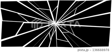 Black grunge broken texture. Damaged shattered glass effect background. Radial cracked lines explosion pattern. Fractured triangle fragments, pieces and shatters concept. Vector debris illustration  136688978