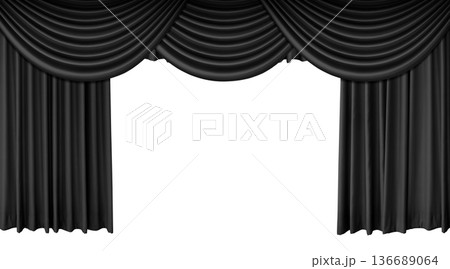 Black stage curtain with a long, separate top border. Velvet curtain for film sets, concerts, or theatrical performances. Black stage curtain with a long, separate top border. Velvet curtain for film sets, concerts, or theatrical performances. 136689064