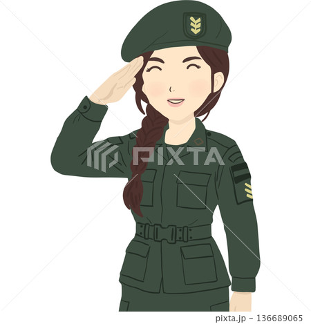 A smiling female soldier in uniform saluting with pride. The artwork highlights bravery, dedication, and leadership, representing women serving with honor and strength. 136689065