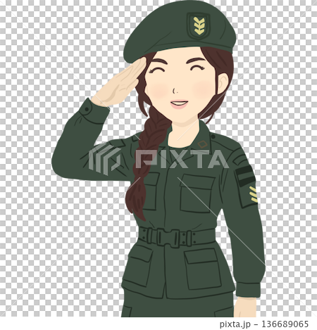 A smiling female soldier in uniform saluting with pride. The artwork highlights bravery, dedication, and leadership, representing women serving with honor and strength. 136689065