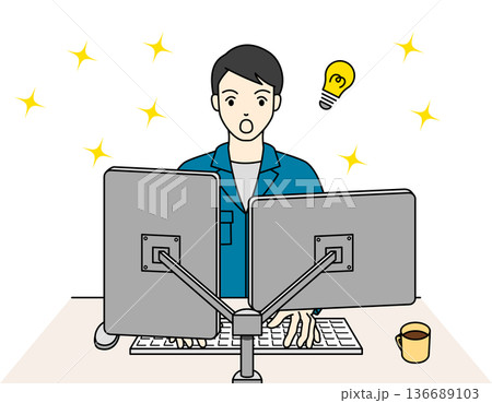 デスクワーク中に良いアイデアを思いつく作業着の男性 デスクワーク中に良いアイデアを思いつく作業着の男性 136689103