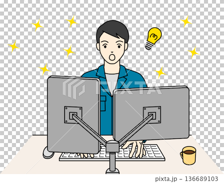 デスクワーク中に良いアイデアを思いつく作業着の男性 デスクワーク中に良いアイデアを思いつく作業着の男性 136689103