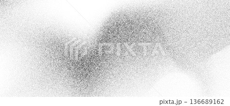 Black stippled sand wavy texture. Dotted gradient wave background. Grit backdrop with specks, particles, granules. Grunge grainy noise speckle wallpaper for banner, poster, brochure. Vector 136689162