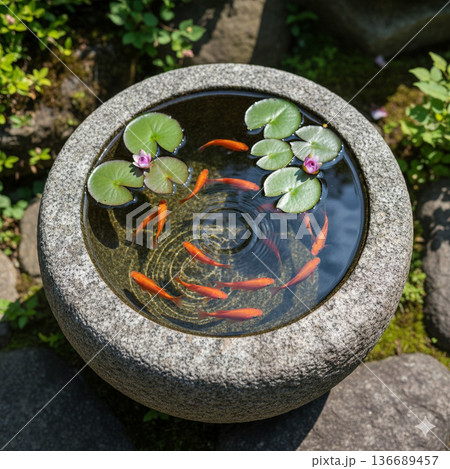 手水鉢に浮かぶ金魚 手水鉢に浮かぶ金魚 136689457