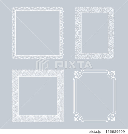 Set of decorative frames Elegant vector element for design in Eastern style, place for text. Floral gray and white frames. Lace illustration for invitations and greeting cards Set of decorative frames Elegant vector element for design in Eastern style, place for text. Floral gray and white frames. Lace illustration for invitations and greeting cards 136689609