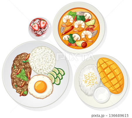 Traditional Thai Cuisine Dishes with Rice, Soup, and Dessert 136689615