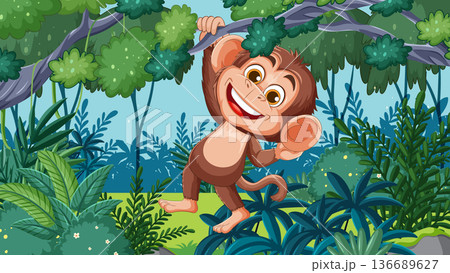 Smiling Cartoon Monkey Swinging on Jungle Vine 136689627