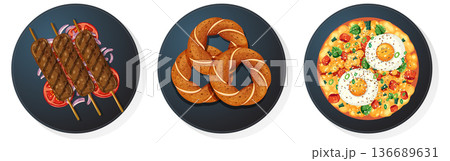 Traditional Middle Eastern Foods on Black Plates Vector Set 136689631