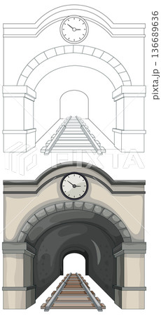 Railway Tunnel Entrance with Clock Front View Illustration 136689636