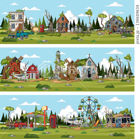 Long Abandoned Amusement Park and Village Landscape Scene 136689638