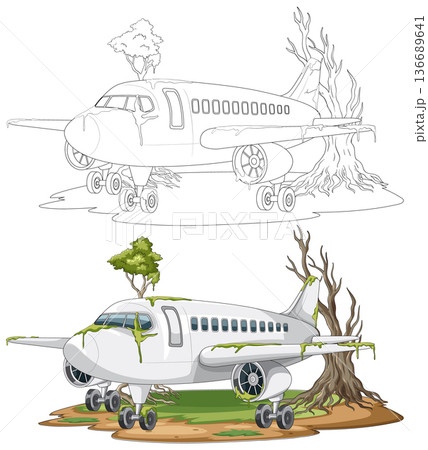 Abandoned Passenger Airplane Overgrown With Moss And Trees Abandoned Passenger Airplane Overgrown With Moss And Trees 136689641