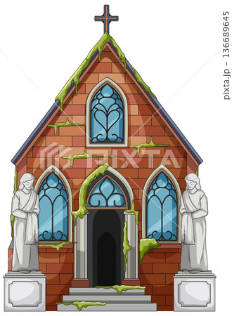 Abandoned Brick Chapel With Moss and Statues 136689645