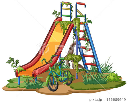 Overgrown Playground Slide and Abandoned Bicycle Illustration 136689649