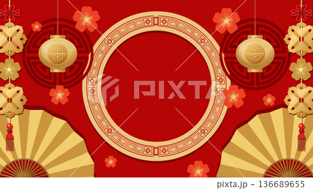 Chinese New Year Background with Golden Frame and Traditional Ornaments 136689655