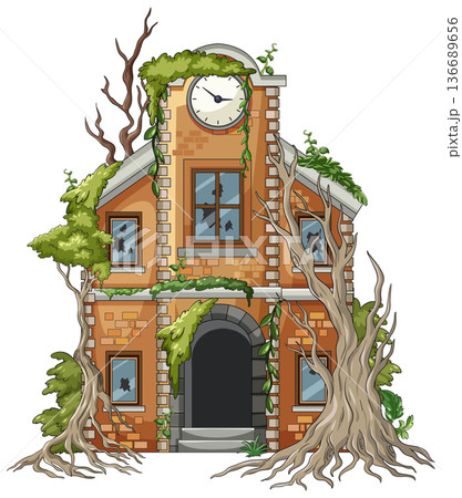 Overgrown Abandoned Brick House with Creeping Tree Roots 136689656