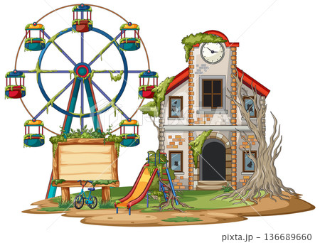 Abandoned Amusement Park With Overgrown Ferris Wheel And House Abandoned Amusement Park With Overgrown Ferris Wheel And House 136689660