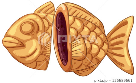 Taiyaki Fish-Shaped Pastry with Red Bean Filling Illustration Taiyaki Fish-Shaped Pastry with Red Bean Filling Illustration 136689661