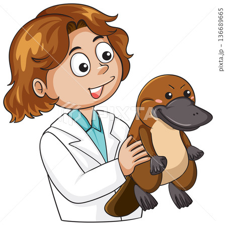 Scientist Holding Smiling Platypus Cartoon Illustration Scientist Holding Smiling Platypus Cartoon Illustration 136689665