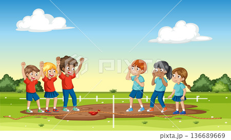 Diverse Group of Children Playing Tug of War in Park 136689669