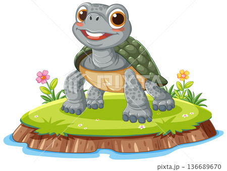 Smiling Cartoon Turtle Standing on Grassy Island Smiling Cartoon Turtle Standing on Grassy Island 136689670