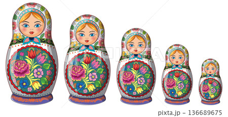 Five Traditional Russian Matryoshka Nesting Dolls in a Row Five Traditional Russian Matryoshka Nesting Dolls in a Row 136689675