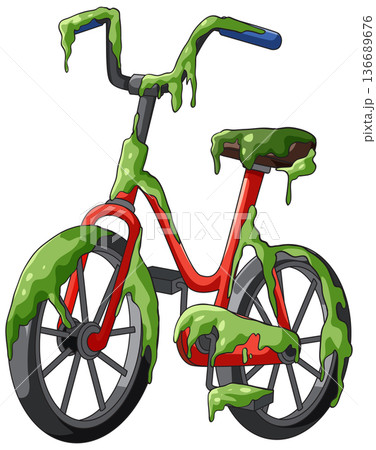 Abandoned Red Bicycle Covered in Green Slime Illustration 136689676