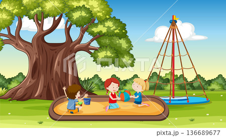 Children Playing Together in a Sandbox at a Sunny Outdoor Park Children Playing Together in a Sandbox at a Sunny Outdoor Park 136689677