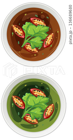 Top View of Spicy Asian Soups with Herbs and Chili 136689680