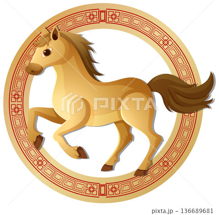 Chinese Zodiac Horse Vector Illustration in Decorative Circular Frame 136689681