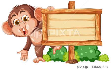 Cartoon Monkey Pointing at Blank Wooden Signboard 136689685