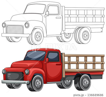 Vintage Red Pickup Truck Vector Illustration with Outline 136689686