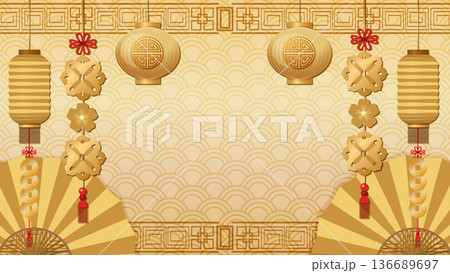 Traditional Golden Chinese New Year Background with Lanterns and Fans 136689697