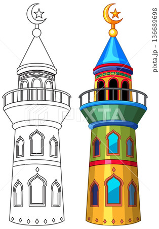 Colorful and Outline Minaret Tower Vector Illustration 136689698