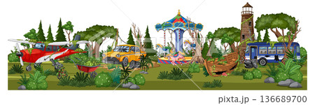 Abandoned Amusement Vehicles in Overgrown Forest Landscape 136689700