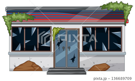 Abandoned Storefront With Broken Windows And Overgrown Vines 136689709