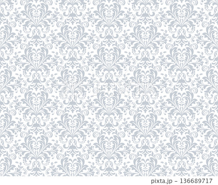 Wallpaper in the style of Baroque. White and gray floral ornament. Seamless vector background. Graphic pattern for fabric, wallpaper, packaging. Ornate Damask flower illustration Wallpaper in the style of Baroque. White and gray floral ornament. Seamless vector background. Graphic pattern for fabric, wallpaper, packaging. Ornate Damask flower illustration 136689717