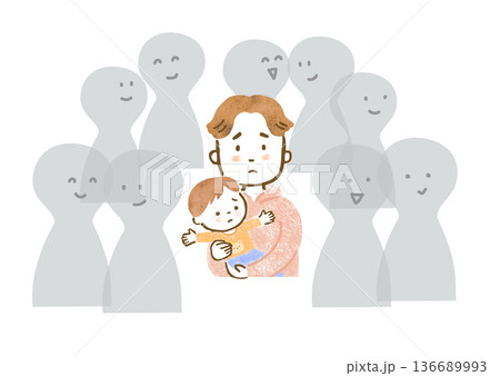 幼い男の子を抱いた、孤独を感じている父親のイラスト 幼い男の子を抱いた、孤独を感じている父親のイラスト 136689993