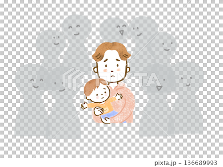 幼い男の子を抱いた、孤独を感じている父親のイラスト 幼い男の子を抱いた、孤独を感じている父親のイラスト 136689993